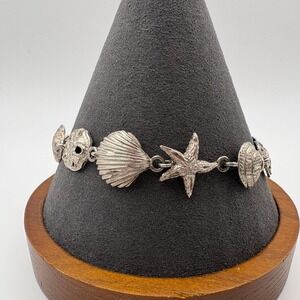 Sterling Silver 925 Sea Life Charm Bracelet 8in Starfish Lobster Clasp 13.30g